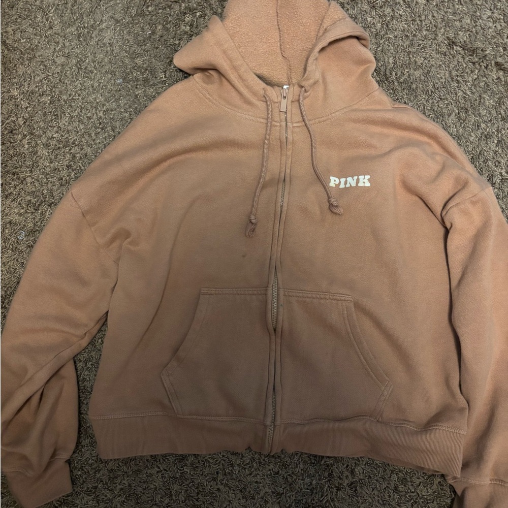 PINK Victoria's Secret Tan Zip-Up Hoodie with Front Pockets